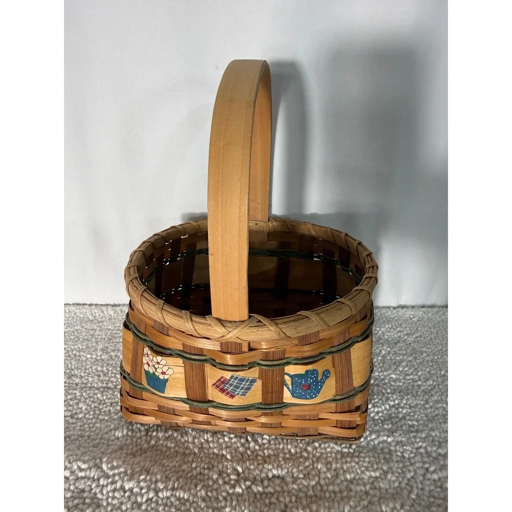 Vintage Hand Painted Woven Wood Basket Country Garden Watering Can Decor‎